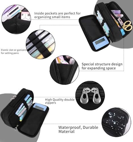 Pencil Case Pen Bag Holder Pouch Large Handle Big Capacity Desk Organizer Storage Marker Box Stationary Makeup Cosmetic Double Zippers for School Office Students Teen - Görsel 3
