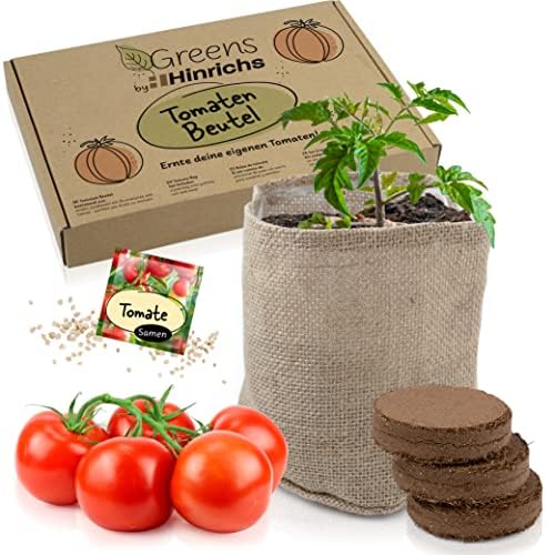 Hinrichs Greens domates yetiştirme seti, domates yetiştirme seti, tohumlar ve yetiştirme toprağı dahil, domates bitkileri için doğal jüt torba, mutfak hediyesi, bahçe, çocuklar için, domates