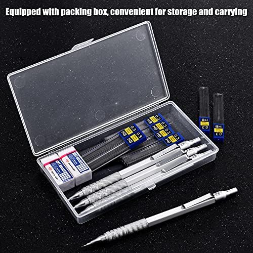 Mechanical Pencils Set, 4 Pieces Automatic Metal Mechanical Pencils, 8 Pieces HB Pencil Leads Replaceable Refills and 2 Pieces Erasers for Home, School, Office Supplies (Silvery, 0.3 mm) - Görsel 4