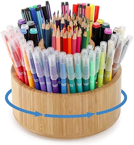 SOUJOY Pen Holder Organizer, 360°Rotating Bamboo Art Supply Organizer with 11 Compartments, Color Pencil Storage Caddy, Hold 200+ Pencils, Office Desk Stand Box for Marker Pens, Pencil, Art Brushes