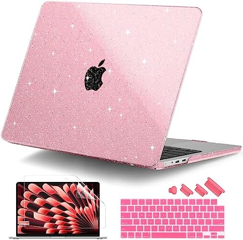 DONGKE Compatible with M2 MacBook Air 15 Inch Case 2023 A2941, Bling Plastic Hard Shell with Keyboard Cover for MacBook Air 15" with M2 Chip & Liquid Retina Display Touch ID - Star Pink