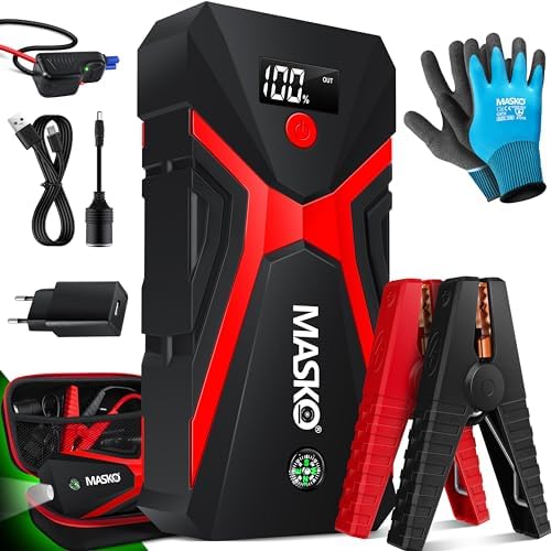 MASKO® Marş yardımı Powerbank araç 3000 A azami akım 24000 mAh (8,0 l benzin veya 8 l dizel kadar) LED el fenerli, 12 V araçlar, akü başlatıcı, SUV, motosiklet, ATV, çim biçme makinesi için, eldiven