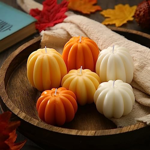 Mtlee 6 Pieces Thanksgiving Pumpkin Shaped Soy Candles Scented Candles Fall Pumpkin Tealight Candles Home Decor Pumpkin Candle Handmade Wax Candle for Bedroom Bathroom Party (Orange, White,Pumpkin)