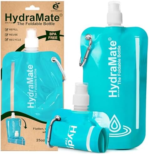 HydraMate Katlanabilir İçecek Şişesi 750 ml Yeniden Kullanılabilir Katlanabilir Su Şişesi. Katlanabilir, Hafif, Esnek, Yuvarlanabilir, BPA içermez. Karabina Kancalı Doldurulabilir Su Torbası. Aqua