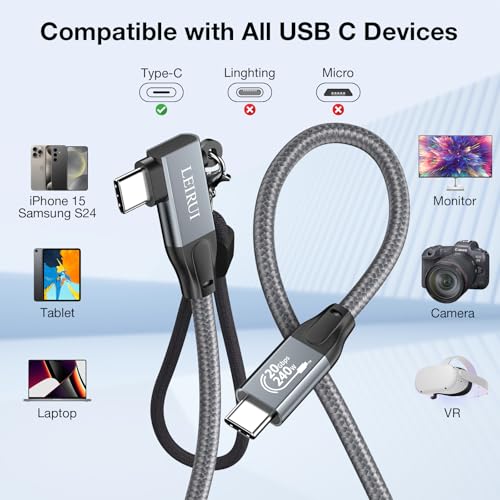 90 Degree USB C to USB C Cable 10FT High Speed 20Gbps Data Transfer 4K@144Hz/60Hz Video USB 3.2 Gen 2x2 Monitor Cable 240W Fast Charging Right Angle Compatible with iPhone 15 Samsung MacBook iPad - Görsel 7