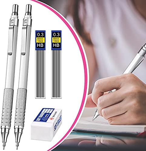 Mechanical Pencils Set, 4 Pieces Automatic Metal Mechanical Pencils, 8 Pieces HB Pencil Leads Replaceable Refills and 2 Pieces Erasers for Home, School, Office Supplies (Silvery, 0.3 mm) - Görsel 3