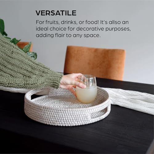 12 inch. Round Rattan Serving Tray - Modern Woven Tray w/Handles for Dining Table, Livingroom, Patio Decor - Stylish Rattan Tray for Serving Fruits, Breakfast - Ideal for Coffee Table (Medium) - Görsel 3