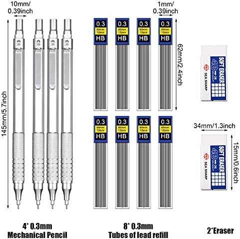 Mechanical Pencils Set, 4 Pieces Automatic Metal Mechanical Pencils, 8 Pieces HB Pencil Leads Replaceable Refills and 2 Pieces Erasers for Home, School, Office Supplies (Silvery, 0.3 mm) - Görsel 5