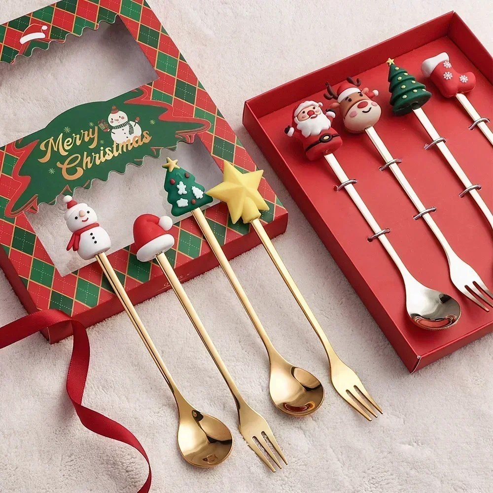 6/4/adet noel hediyesi çatal Glod kaşık çatal seti Elk noel ağacı dekorasyon tatlı kepçe meyve çatalı kahve kaşık seti