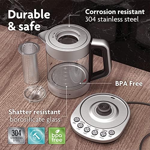 Vianté Hot Tea Maker Electric Glass Kettle with tea infuser and temperature control. Automatic Shut off. Brewing Programs for your favorite teas and Coffee. 1.5 Liters capacity. - Görsel 6