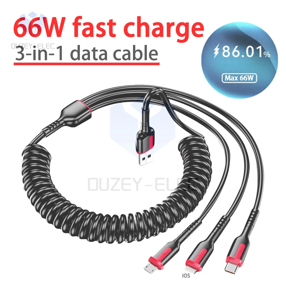 66w 6a usb 3 in 1 hızlı şarj veri kablosu 1.2/1.8m usb bahar genişleme kablosu xiaomi redmi poco samsung huawei iphone için