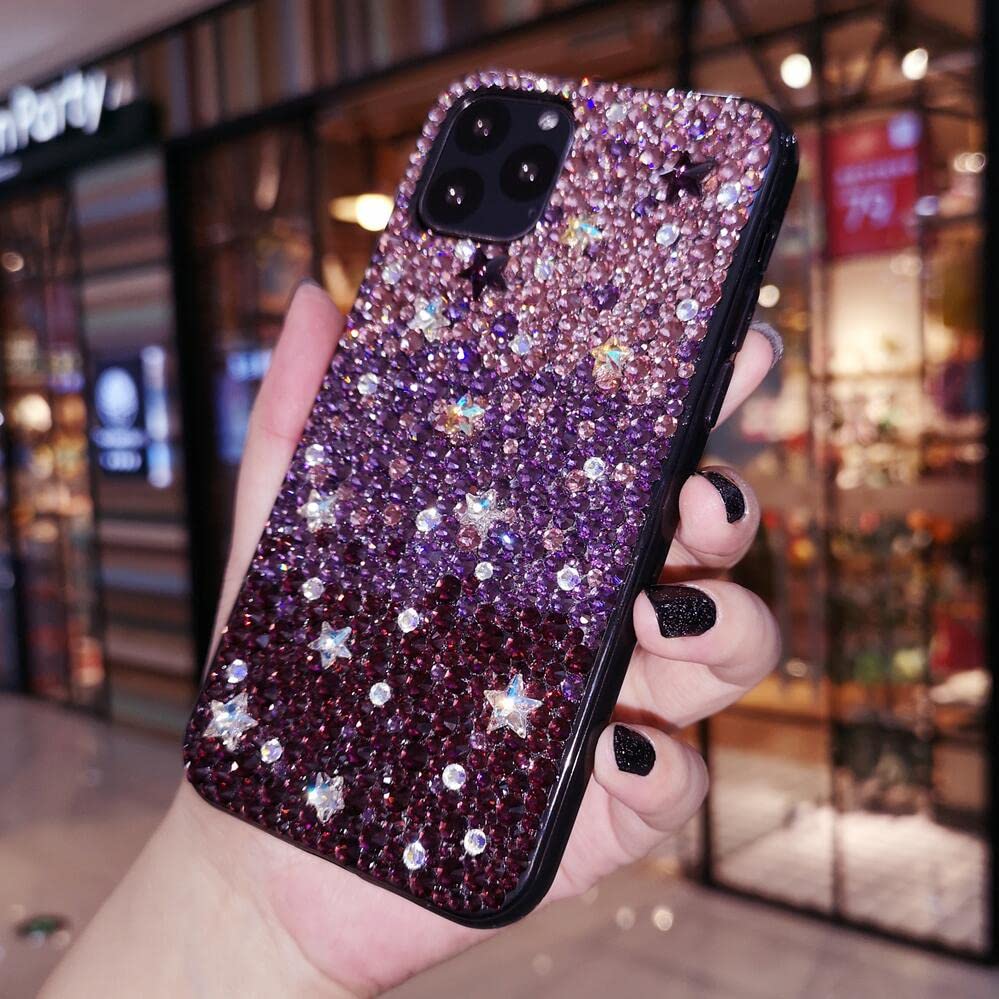 Luxury Phone Cases Sparkly Purple/Pink Swarovski Stones Rhinestone Crystal Diamonds Back Phone Skins for iPhone 13pro, iPhone 13 Pro Max iPhone 12 Pro Max Customize Cell Phone Cases Full Sides Protect