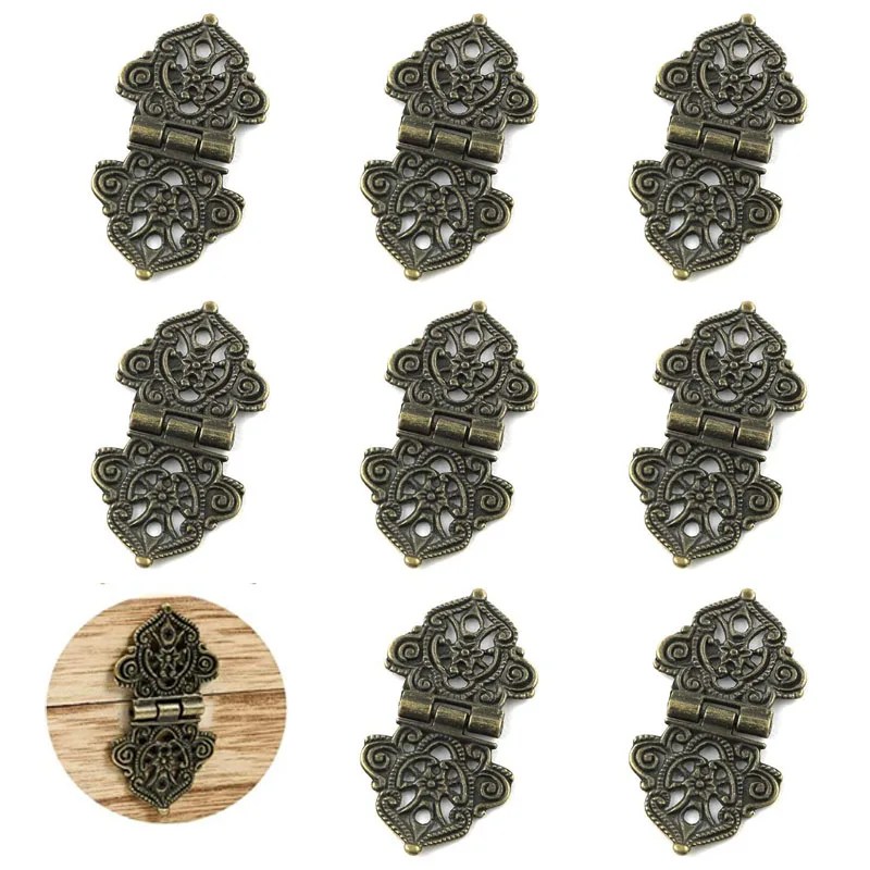 8 adet Vintage alaşım Hollow çiçek menteşeler gravür tasarım kutu menteşeleri mücevher kutusu donanım DIY kutusu ahşap kutu için Metal menteşeler