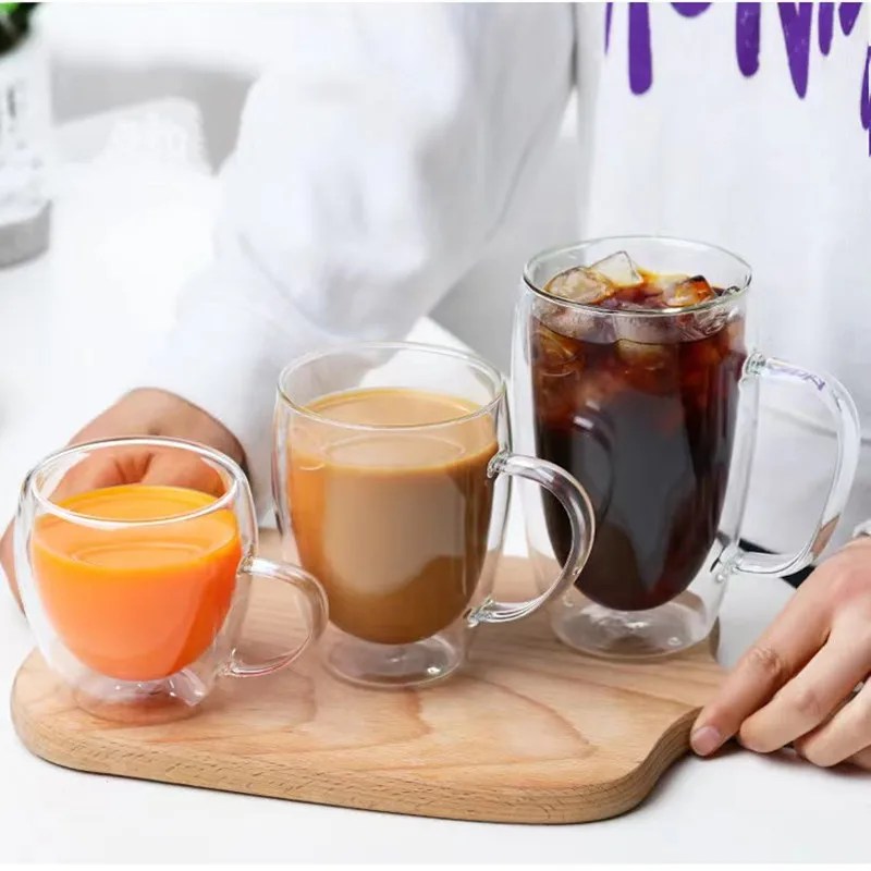 80/150/250/350ML çift katmanlı kahve bardağı şeffaf kahve süt su kupası kolu fincan ısıya dayanıklı çiçek çayı fincan Drinkware - Görsel 4