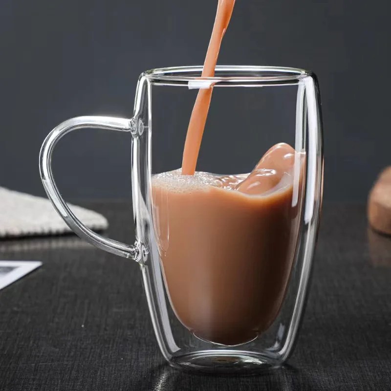 80/150/250/350ML çift katmanlı kahve bardağı şeffaf kahve süt su kupası kolu fincan ısıya dayanıklı çiçek çayı fincan Drinkware