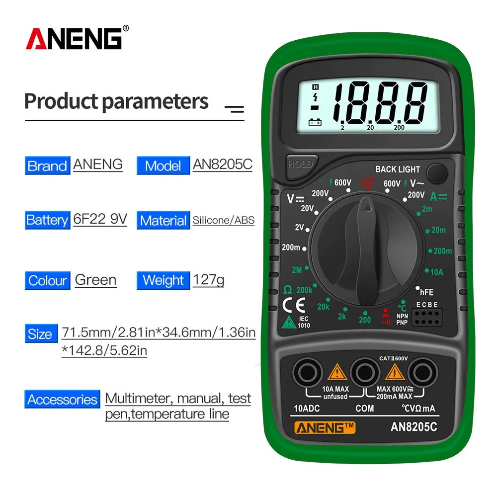 ANENG anan5c dijital multimetre AC/DC ampermetre Volt Ohm multimetre Tester metre termokupl LCD arka işık ile taşınabilir
