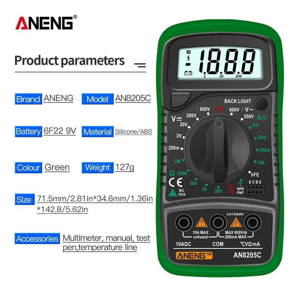 ANENG anan5c dijital multimetre AC/DC ampermetre Volt Ohm multimetre Tester metre termokupl LCD arka işık ile taşınabilir - Görsel 4