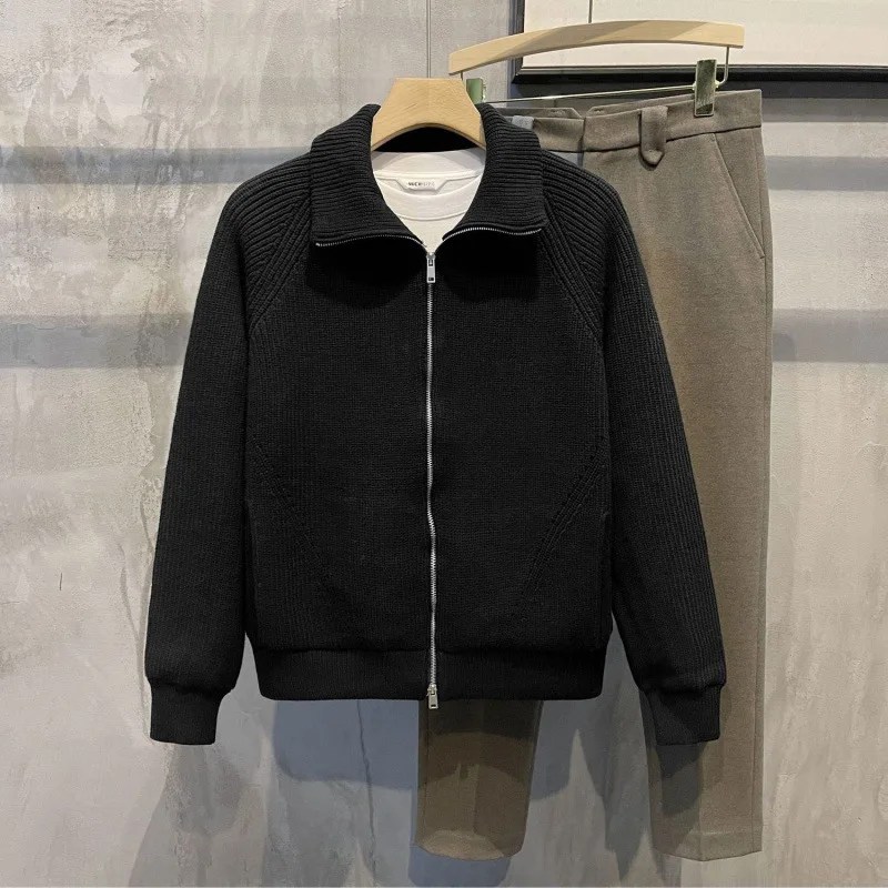 Adam giysileri siyah yakalı ceket hırka örme kazak erkekler için fermuar ceket Zip-up büyük büyük boy eski kore tarzı Overfit S