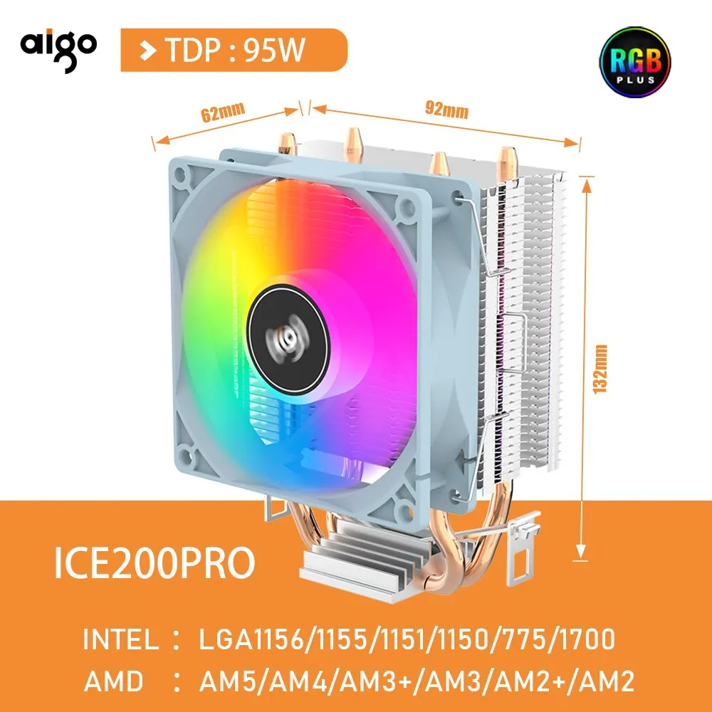 Aigo ICE200PRO hava CPU soğutucu 2 heatpipe radyatör soğutma 3PIN PWM Fan sessiz Ventilador için Intel 115X 1200 1700 AM4 AM5 AMD