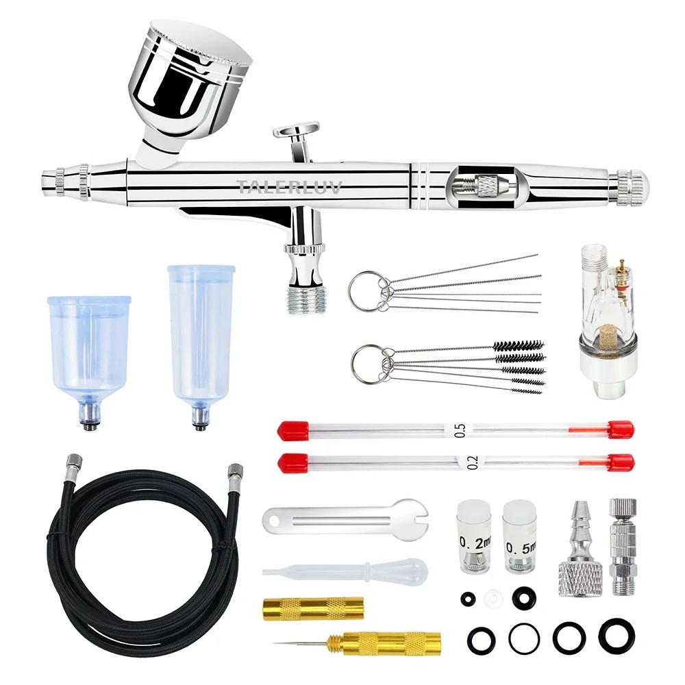 Airbrush Kit Dual-Action Gravity Airbrush Spray Gun with 0.2/0.3/0.5mm Needles Set 7cc/20cc/40cc Cup for Nail Tattoo Cake Paint