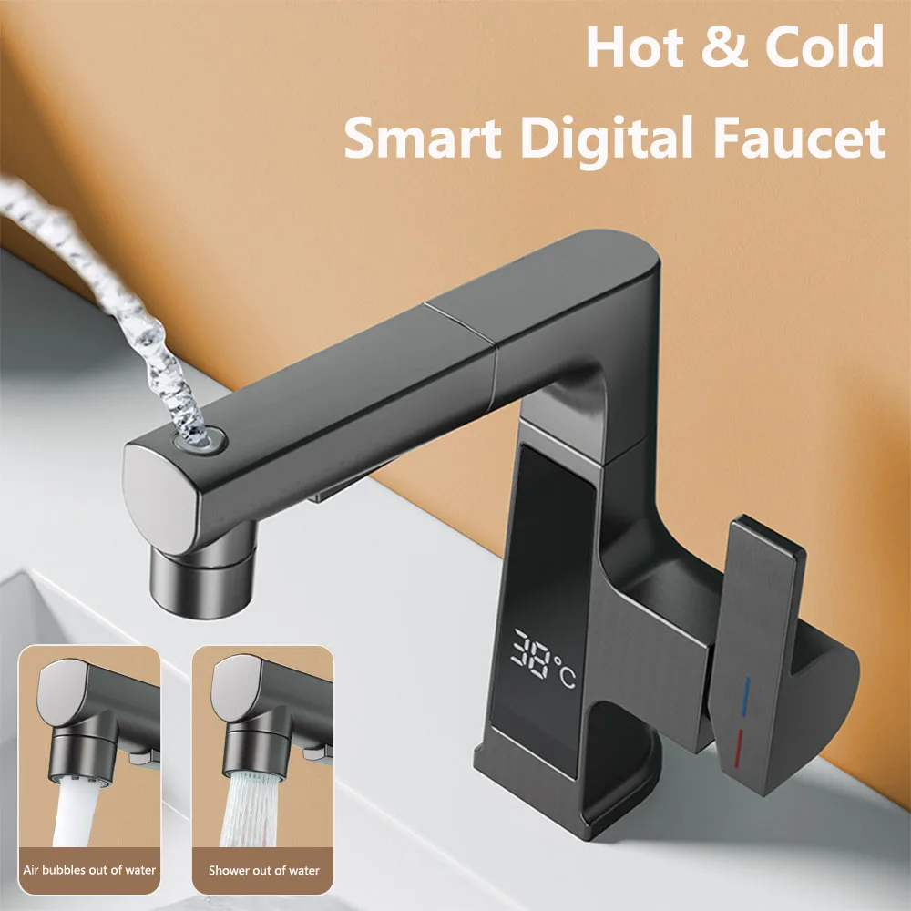 Akıllı LED dijital su sıcaklığı banyo lavabo musluk sıcak ve soğuk lavabo musluk bataryası 360 ° rotasyon kaldırma ve çekerek lavabo musluğu