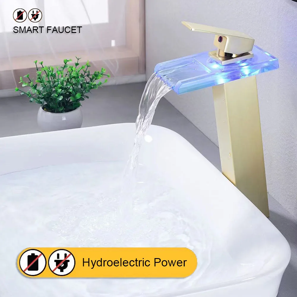 Akıllı LED işık şelale musluk Tall kare lavabo banyo dolabı musluklar sıcak soğuk renk değiştirme musluk bataryası hidroelektrik