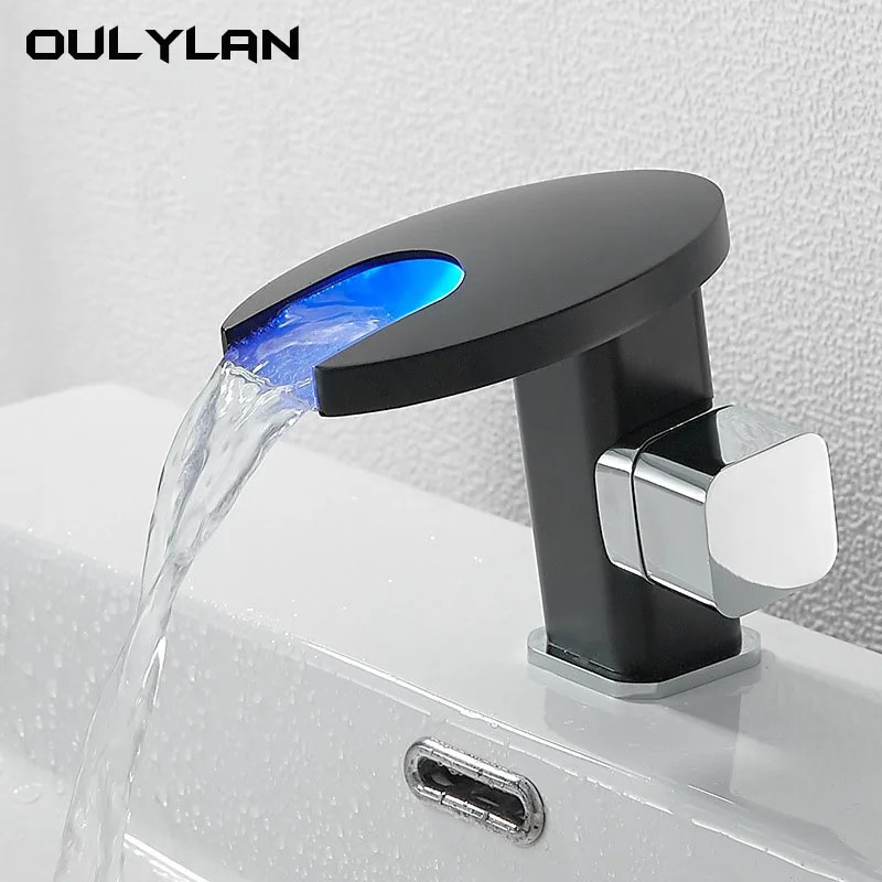Akıllı hidroelektrik LED şelale musluk banyo tüm bakır soğuk ve sıcak su musluk bataryası havza sıcaklık renk değişimi musluk