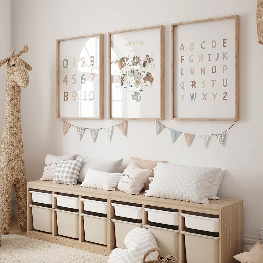 Alfabe numarası kreş çocuklar eğitim tuval boyama hayvan renk şekli öğrenme baskılar duvar sanatı Nordic Poster bebek odası dekor