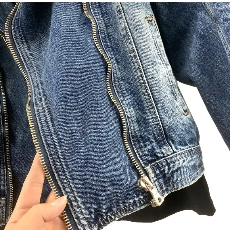 Amerikan tarzı Retro ceket erkek yeni tasarım fermuar Denim ceket mavi yıkanmış standı yaka 2024 bahar erkekler yastıklı Y2K dış giyim
