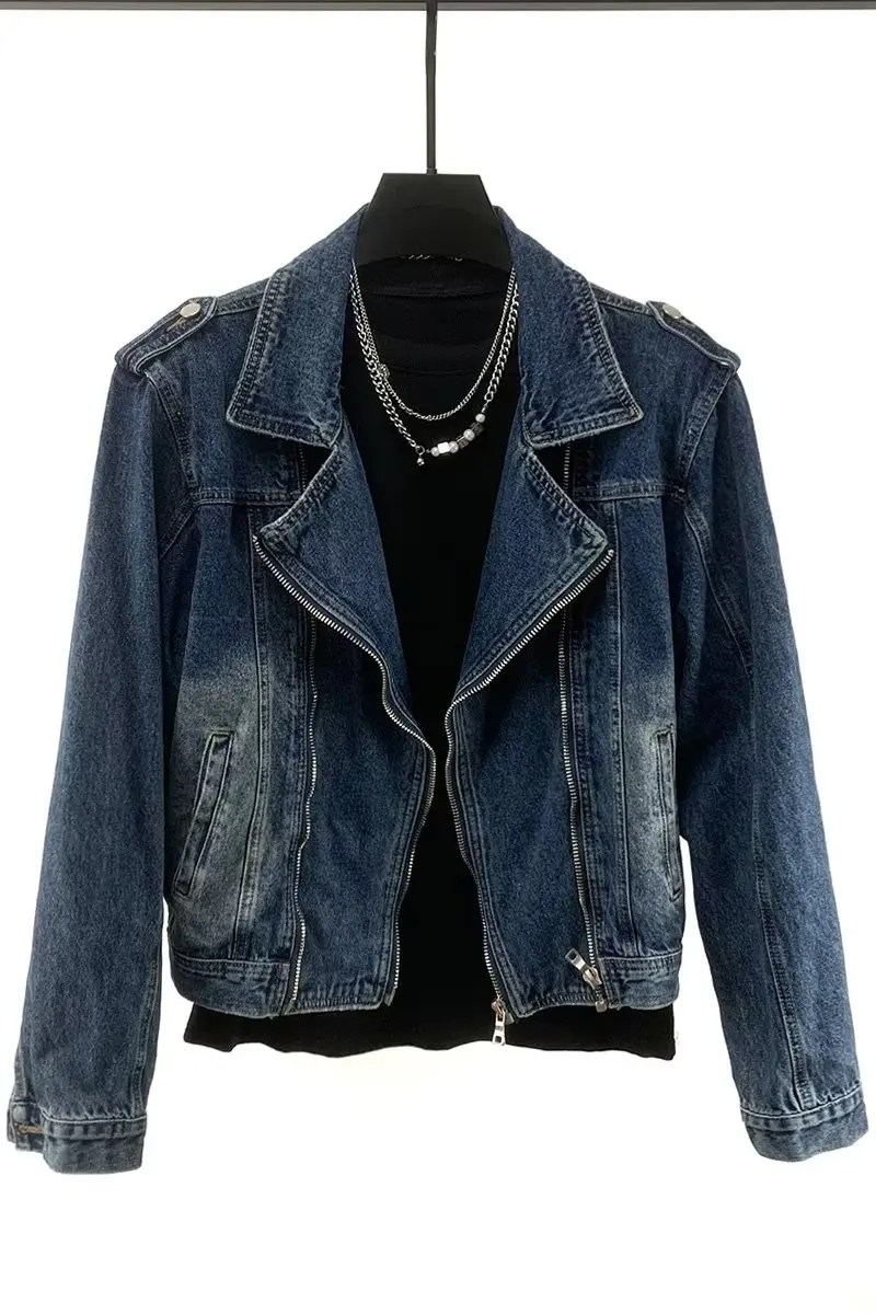 Amerikan tarzı Retro ceket erkek yeni tasarım fermuar Denim ceket mavi yıkanmış standı yaka 2024 bahar erkekler yastıklı Y2K dış giyim