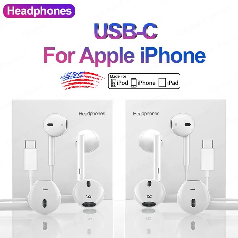 Apple iPhone 15 için USB C kulaklıklar Pro Max 14 13 12 11 X In-kulak mikrofon ile kablolu kulaklık için ipad Samsung tipi C kulakiçi