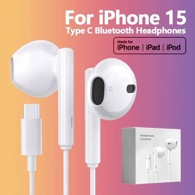 Apple iPhone 15 için USB tip C kulaklıklar 14 13 12 11 Pro Max kablolu kulaklık X XS XR 8 yıldırım Bluetooth kulaklıkları aksesuarları