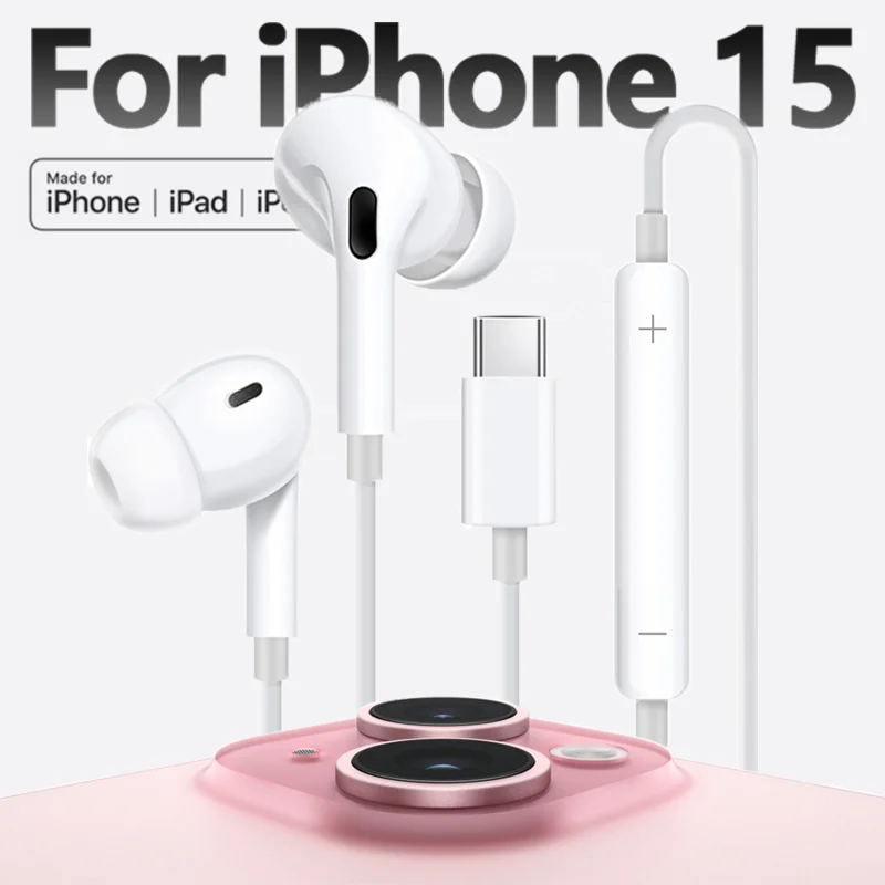 Apple iPhone 15 için orijinal kulaklıklar Pro Max 15 artı USB tip C kulaklık Samsung Xiaomi 14 in-kulak Bluetooth kablolu kulaklık