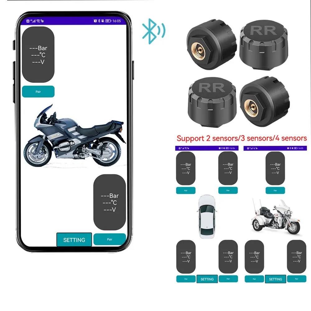 Araba TPMS lastik basıncı izleme sistemi Bluetooth 5.0 cep telefonu ekran LOS Android için motosiklet araba lastik basınç sensörü
