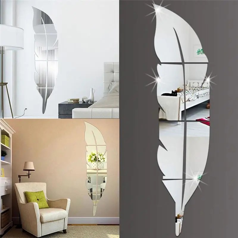 Büyük tüy Plume 3D ayna duvar Sticker oturma odası için sanat ev dekor vinil çıkartması DIY akrilik Sticker duvar kağıdı