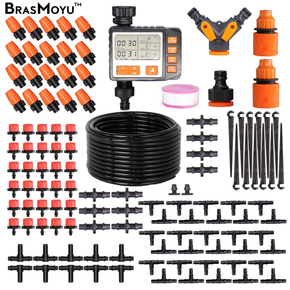 BRASMOYU 5-50M 4/7MM bahçe sulama sulama kitleri zamanlayıcı kontrolörü Irrigator sistemi 2-in-1 Misting sprinkler damla su setleri