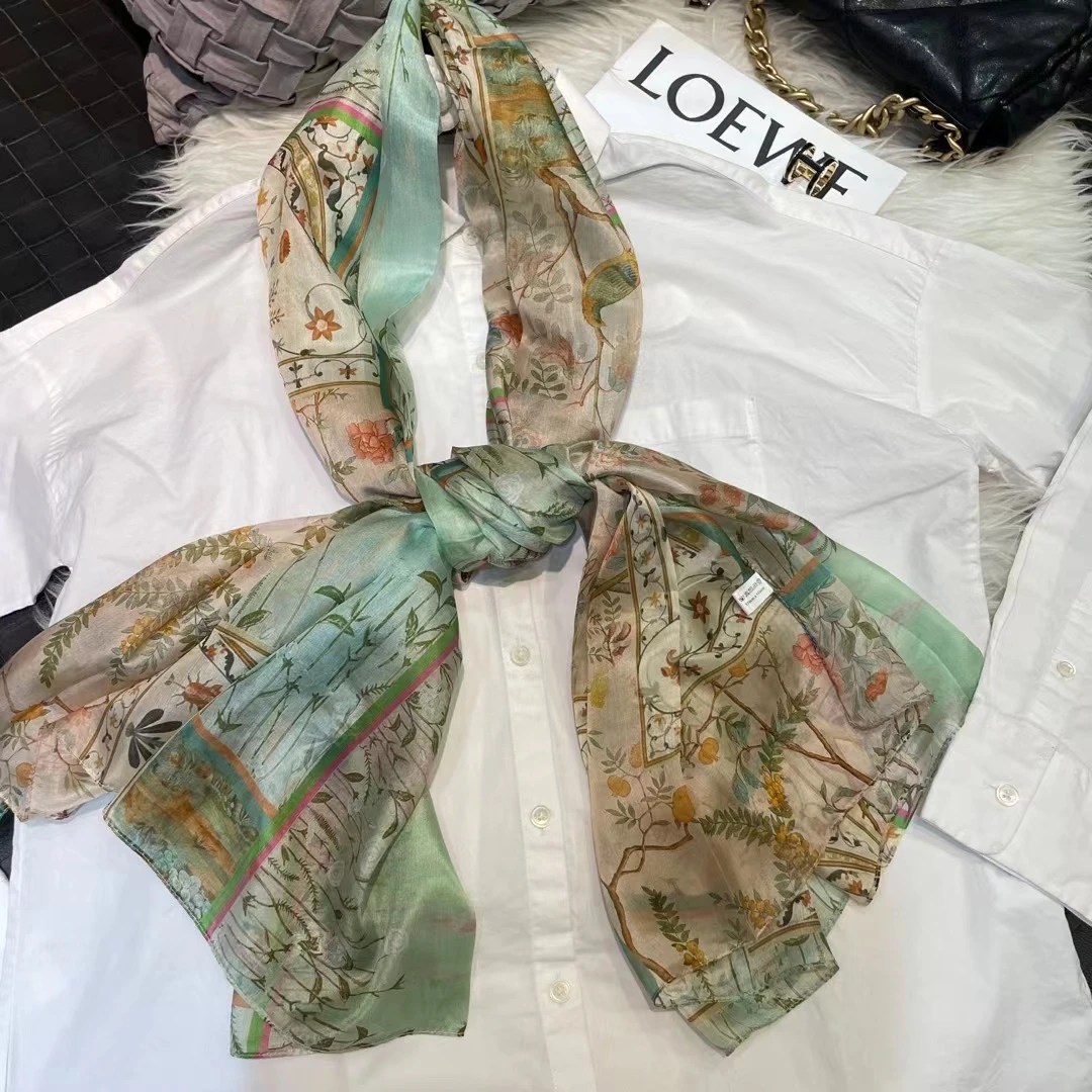 BYSIFA | Açık yeşil ipek eşarp bayanlar moda ilkbahar yaz çiçek plaj eşarp şal sonbahar kış uzun eşarp sarar 180*110cm