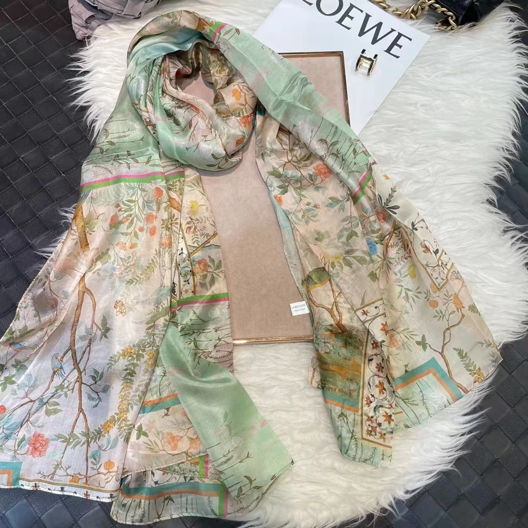 BYSIFA | Açık yeşil ipek eşarp bayanlar moda ilkbahar yaz çiçek plaj eşarp şal sonbahar kış uzun eşarp sarar 180*110cm - Görsel 1