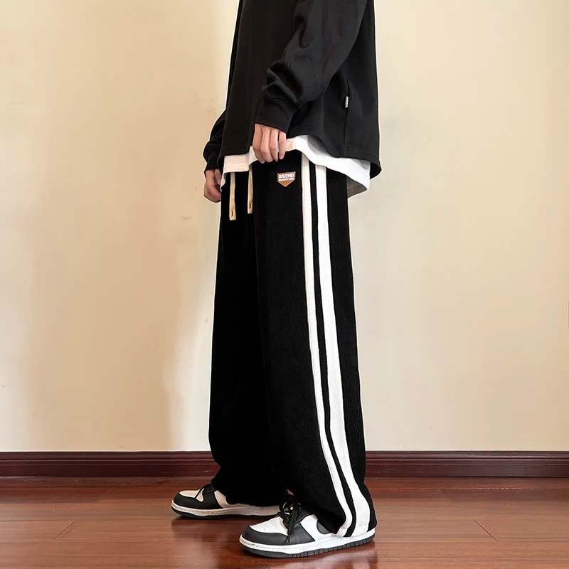 Baggy çizgili Sweatpants erkekler için düz bacak pantolon moda Hip Hop Streetwear Harajuku pantolon rahat dipleri Y2K erkek giysileri - Görsel 3