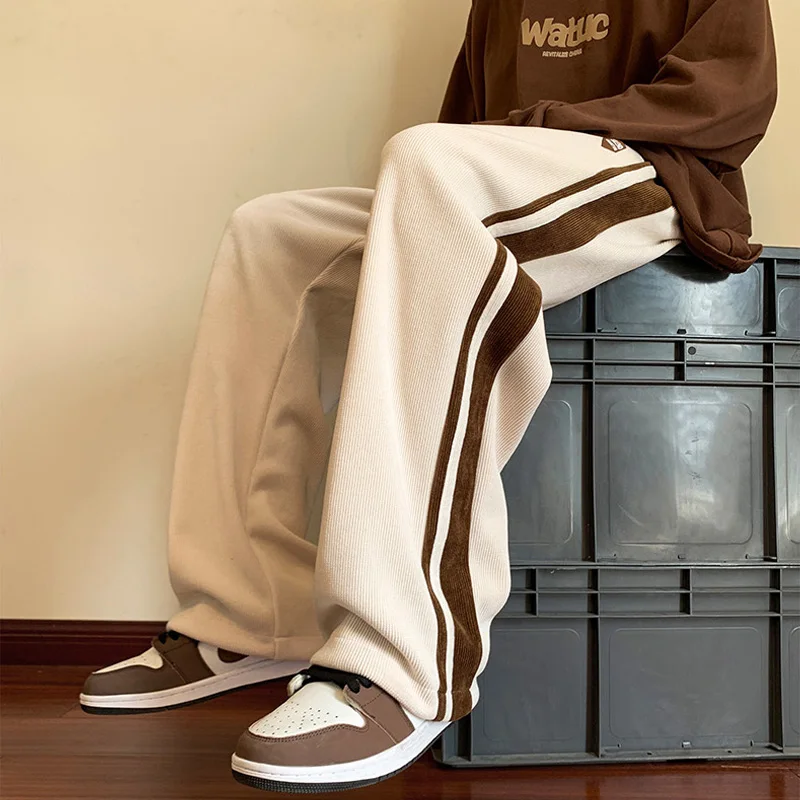 Baggy çizgili Sweatpants erkekler için düz bacak pantolon moda Hip Hop Streetwear Harajuku pantolon rahat dipleri Y2K erkek giysileri
