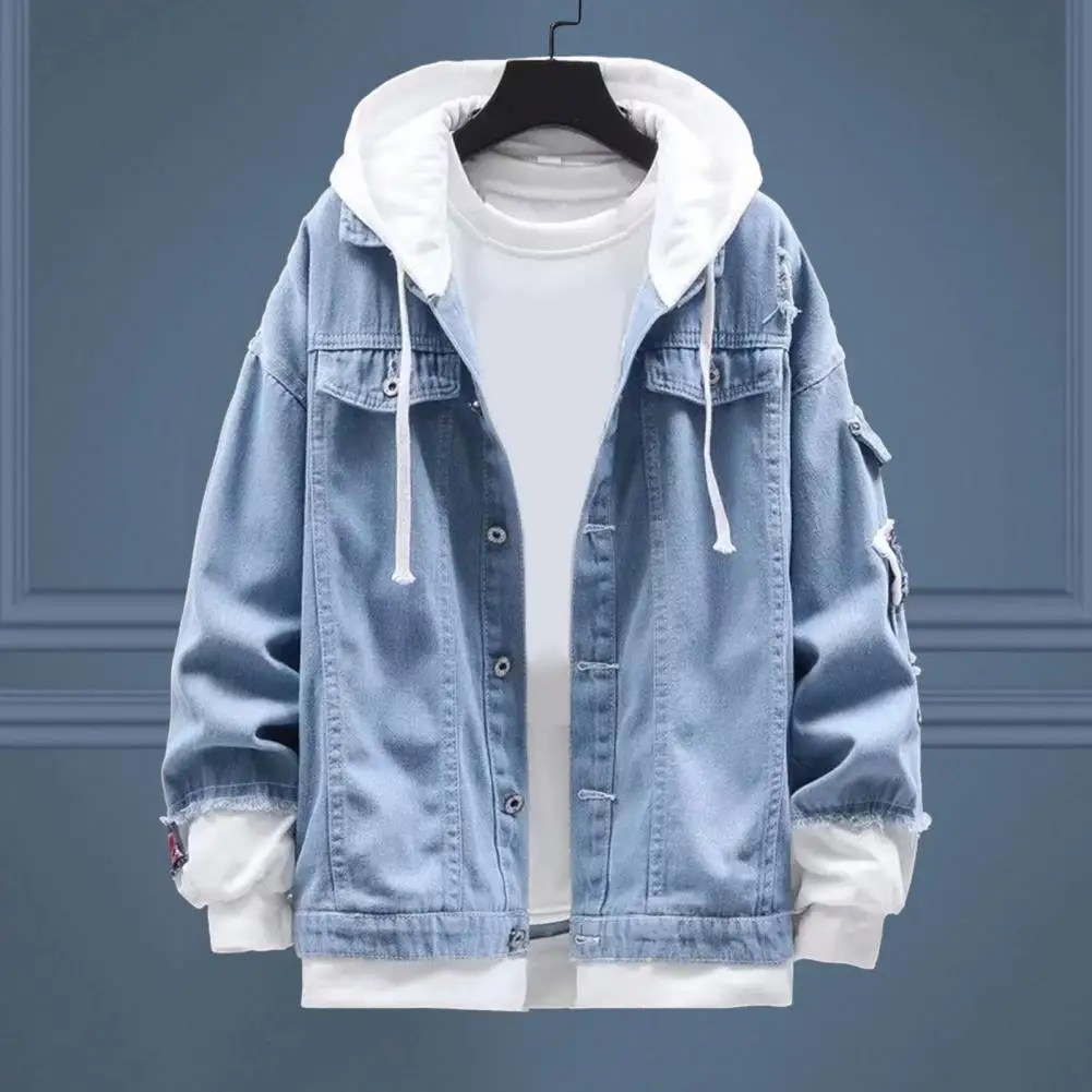 Bahar sonbahar erkekler Denim ceket kapşonlu İpli Flap cepler uzun kollu ceket tek göğüslü yırtık delik ceket giyim