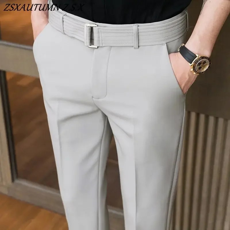 Bahar ve yaz moda pantolon ince takım elbise pantolon ile kemer erkek pantolon rahat iş pantolon pantolonları Hombre erkek giyim