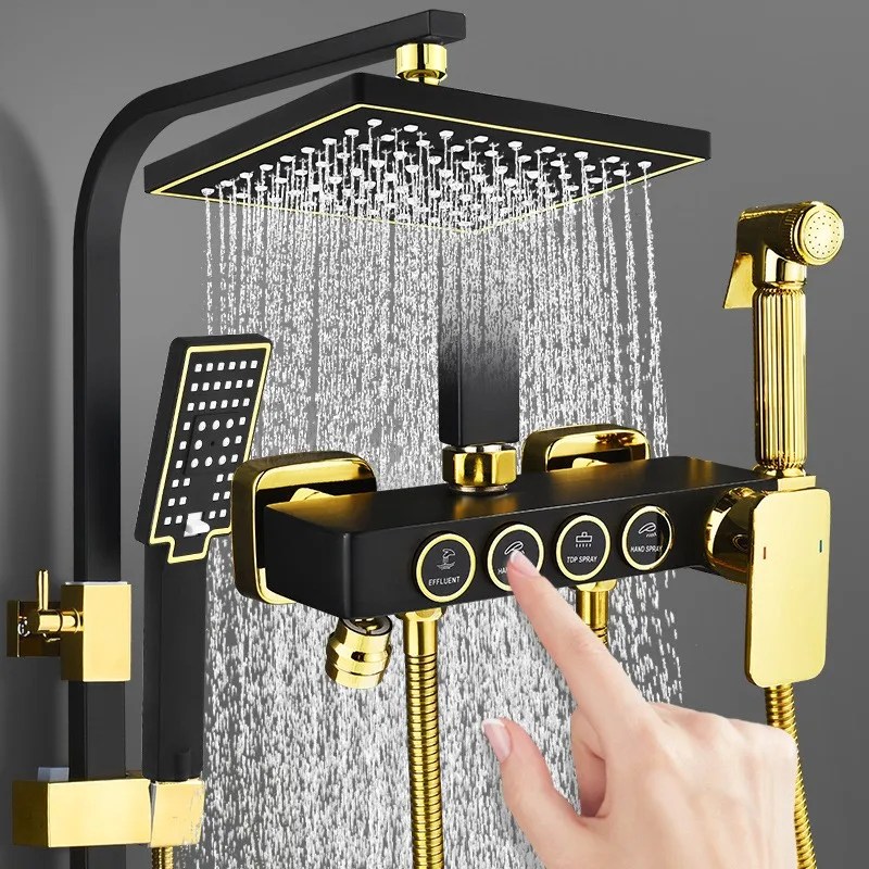 Banyo siyah altın düğme duş duş seti meme güçlendirici sıcak ve soğuk duş sistemi pirinç otel ev banyo aksesuarları