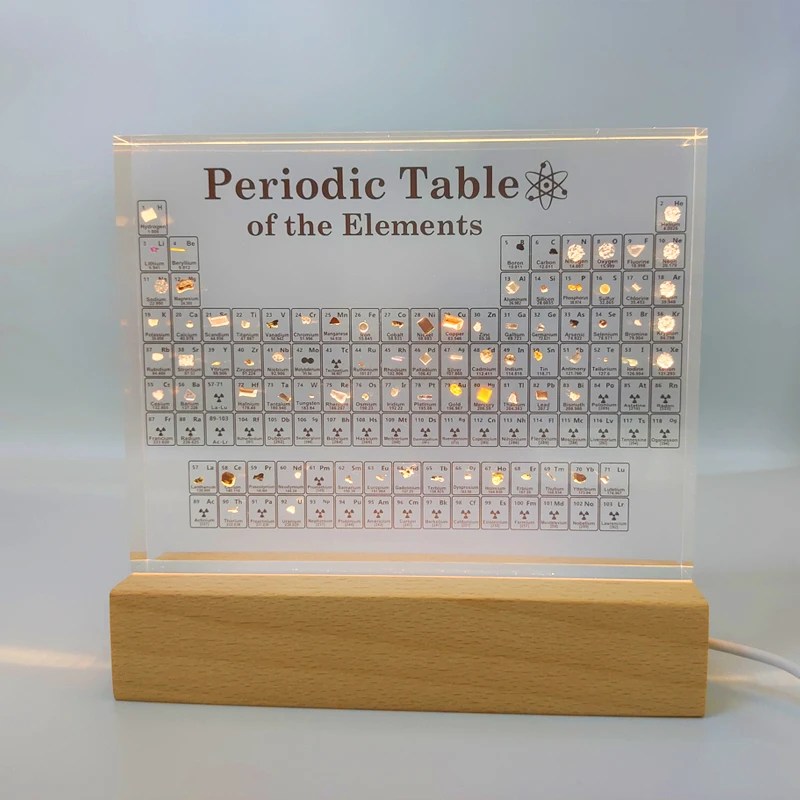 Baskı Mendeleev periyodik tablo akrilik dekorasyon ekran hiçbir gerçek 83 elemanları ile kimyasal ev dekor ahşap ışık bazı hediye