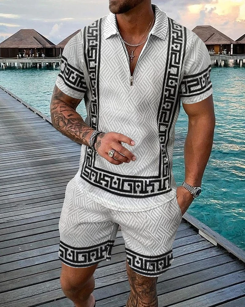 Boho geometrik stil 3D baskı erkekler Polo gömlekler Set fermuar yaka Polo setleri fermuar yaka + şort 2 adet Hawaii tatil adam giysileri