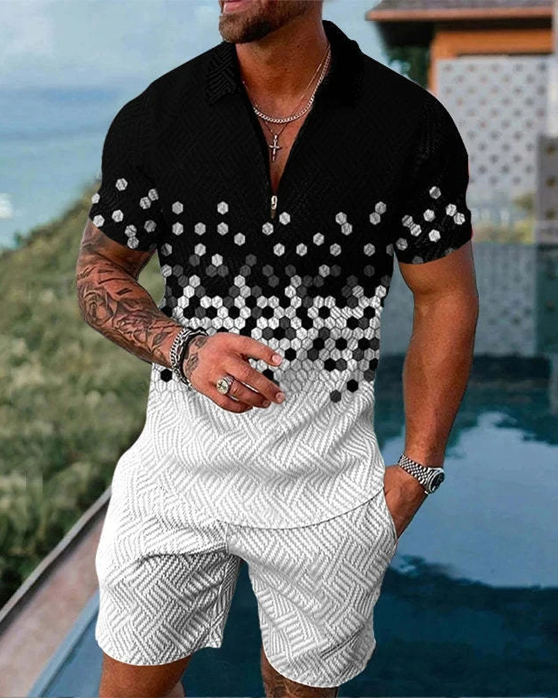 Boho geometrik stil 3D baskı erkekler Polo gömlekler Set fermuar yaka Polo setleri fermuar yaka + şort 2 adet Hawaii tatil adam giysileri