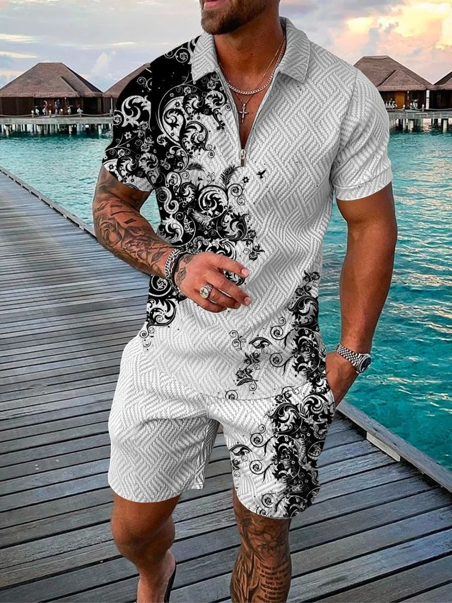 Boho geometrik stil 3D baskı erkekler Polo gömlekler Set fermuar yaka Polo setleri fermuar yaka + şort 2 adet Hawaii tatil adam giysileri