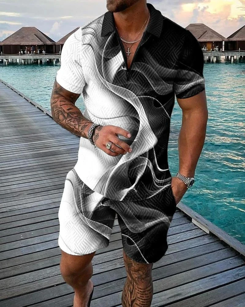 Boho geometrik stil 3D baskı erkekler Polo gömlekler Set fermuar yaka Polo setleri fermuar yaka + şort 2 adet Hawaii tatil adam giysileri