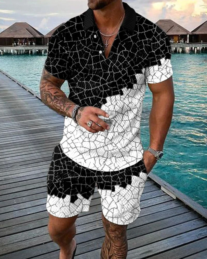 Boho geometrik stil 3D baskı erkekler Polo gömlekler Set fermuar yaka Polo setleri fermuar yaka + şort 2 adet Hawaii tatil adam giysileri