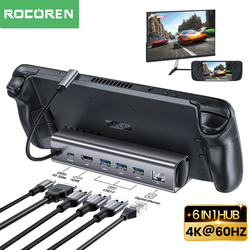 Buhar güverte Dock TV taban standı için Rocoren yerleştirme istasyonu 6 in 1 USB C 4K @ 60Hz HDMI uyumlu RJ45 PD USB 3.0 HUB Laptop için